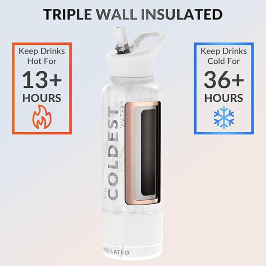 Coldest Insulated Water Bottle with Straw Lid - Stainless Steel Metal Insulated Bottle for Men & Women (Carrara Marble, 40 oz)