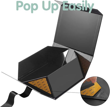 HAPPY POTATO 5 Gift Boxes with Ribbon 9x6.5x3.8 Inches, Black Gift Boxes with Lids, Collapsible Gift Boxes, Magnetic Closure Gift Boxes for all occasion (Glossy Black, Pack of 5)