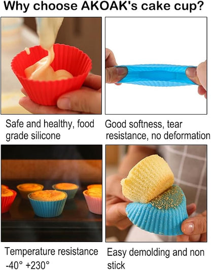 AKOAK Reusable Silicone Non-stick Baking Cups, Cake Molds, Kitchen Baking Cooking Accessories, DIY Cake Making Tools - Pack of 10 (Red)