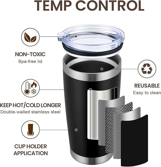 MEWAY 20oz Tumbler 8 Pack Double Wall Vacuum Insulated Travel Mug Bulk, Stainless Steel Tumblers with Lid and Straw, Durable Powder Coated Coffee Cups for Cold & Hot Drinks (Black, 8)
