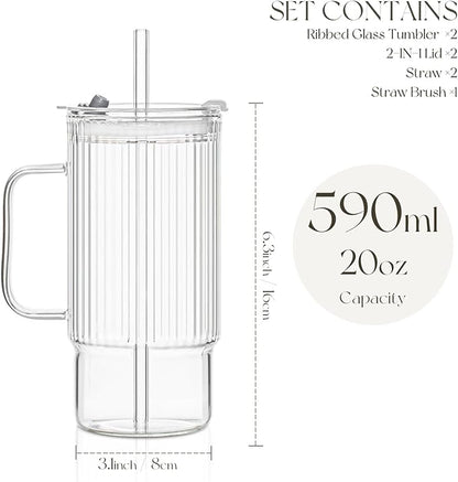 KEMORELA 2PCS 20 Oz Ribbed Glass Tumblers with Lids & Straws – Handle Iced Coffee Cups, Reusable Clear Drinkware for Smoothies & Cold Beverages – Dishwasher Safe