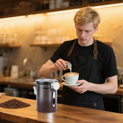 Coffee Canister Airtight Storage Container Stainless Steel Coffee Jar with Scoop,Date Tracker CO2 Release Valve for Dry Food Beans Ground Tea Flour Cereal and Sugar (1.8L Grey-Brown With Spoon)