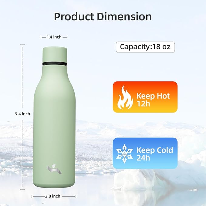 Insulated Water Bottle with Strap,18 oz Double Wall Stainless Steel Vacuum Bottles Metal Water Flask,Macaron Green