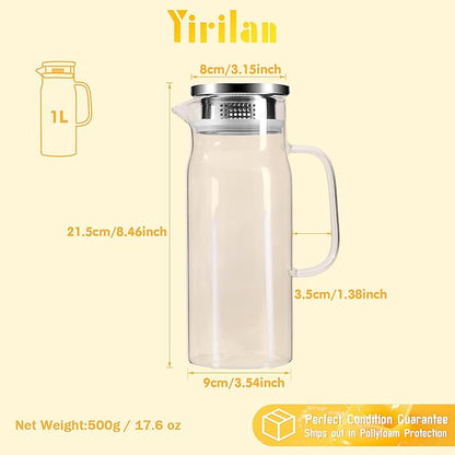 Glass Pitcher, 34 oz / 1 Liter Glass Pitcher with Lid, Glass Water Pitcher, Glass Carafe with Lid