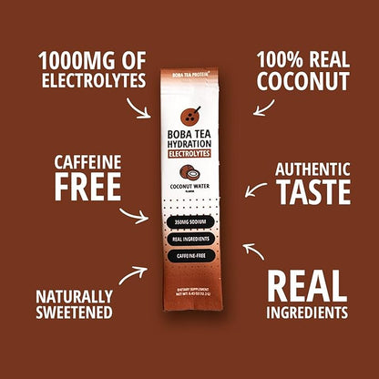 Boba Tea Hydration | Electrolyte Powder Drink Mix | Coconut Water | 1000mg Electrolytes, Vitamin C | 16 Stick Packets