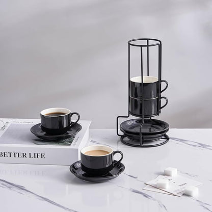 YOLIFE 2.5oz Porcelain Stackable Espresso Cups with Saucers and Metal Stand Set of 4, Stackable Cappuccino Cups, Black Expresso Shots Cup Set for Coffee Drinks, Latte, Tea