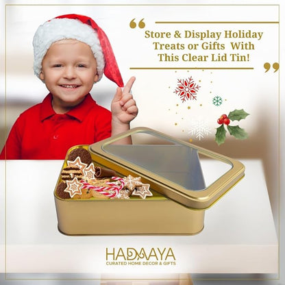 Pack of 6 Gold Rectangular Tin Container With Clear Lid, Multipurpose Tin Box, Festive Tin Box for Gift Giving, Cookies, Stationery & More - 7.25 x 5.25 x 2.25 Inches