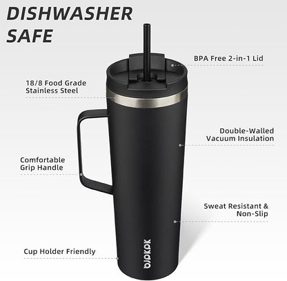 BJPKPK Insulated Tumbler with Handle, 30oz Insulated Tumblers with Lid and Straw, Stainless Steel Metal Water Bottles, Coffee Travel Mugs, Cups, Black