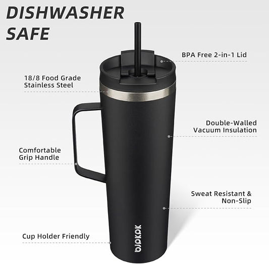 BJPKPK Insulated Tumbler with Handle, 30oz Insulated Tumblers with Lid and Straw, Stainless Steel Metal Water Bottles, Coffee Travel Mugs, Cups, Black