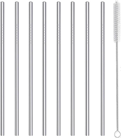Stainless Steel Straws Metal Reusable Drinking Straw for Juice Iced Coffee Cold Beverage Water Highball Glasses 20oz Tumblers Mugs Cups, 0.24" 6mm Wide 215mm Long, Set of 8 with Brush, Silver
