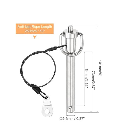 uxcell 1 Pcs Quick Release Pin, 3/8" x 2.52"(Dia. x L) Push-Button Ball Locking Pin 304 Stainless Steel Ring Handle Locking Pin with Wire for Audio Bimini Top Marine, Silver