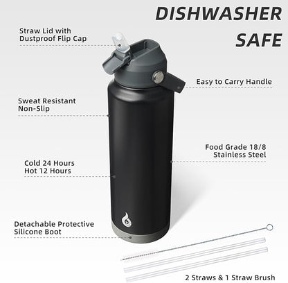 BJPKPK Insulated Water Bottle with Straw Lid, 40oz Large Thermos, BPA Free Leak Proof Stainless Steel Metal Water Bottles, Tumblers, Cups, Flasks for Travel, Sports,Black