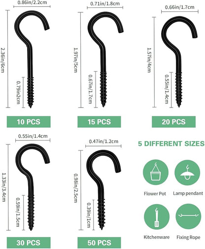 125 Pcs Screw Hooks in 5 Sizes – Cup Hooks for Hanging Plants, Mugs, Lights, and Ceiling Storage (Black)