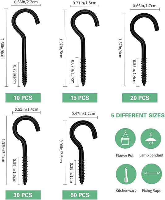 125 Pcs Screw Hooks in 5 Sizes – Cup Hooks for Hanging Plants, Mugs, Lights, and Ceiling Storage (Black)