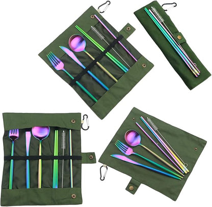 Gugrida Reusable Travel Utensils, 7 Piece Portable 304 Stainless Steel including Knife Fork Spoon Chopsticks Cleaning Brush Straws Portable Pouch, Eco-friendly Camping Silverware Set, Dishwasher Safe