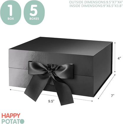 HAPPY POTATO 5 Gift Boxes with Ribbon 9x6.5x3.8 Inches, Black Gift Boxes with Lids, Collapsible Gift Boxes, Magnetic Closure Gift Boxes for all occasion (Glossy Black, Pack of 5)