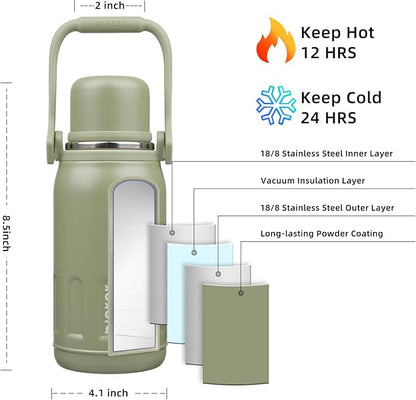 BJPKPK 27oz Insulated Thermos Water Bottle with Lid and Carry Handle BPA Free Stainless Steel Water Bottles for School,Army Green