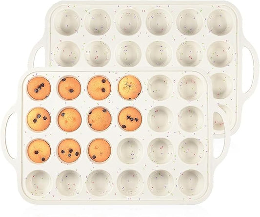 Mini Muffin Pan, Metal Reinforced Frame Mini Cupcake Pans 24 Cups Nonstick Muffin Silicone Molds with Handle for Baking Muffins, Cupcakes, Egg Bites 2 Pack
