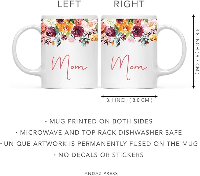 Andaz Press 11oz. Mother's Day Ceramic Coffee Tea Mug Gift, Fall Autumn Burgundy Orange Peach Flowers Roses Florals, Mom, 1-Pack