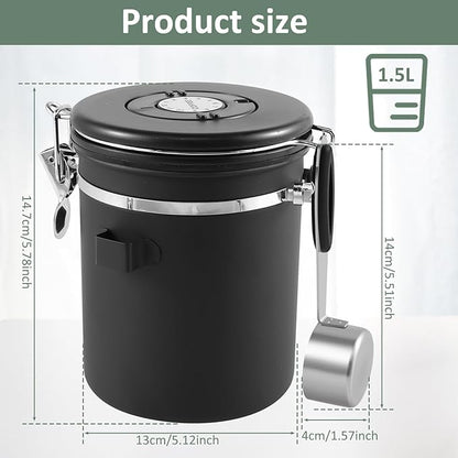 2Pcs Coffee Storage Canister 1.5L Double Airtight Coffee Beans Container with Date Locator 304 Stainless Steel Kitchen Food Storage Container with Spoon for Tea Sugar,Black (2)