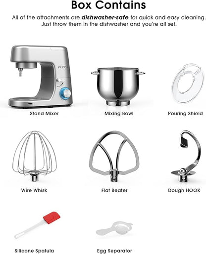 9.5 QT Double Handle KUCCU Stand Mixer, 6 Speed with Pulse Electric Kitchen Mixer, 660W Tilt-Head Food Mixer with Dishwasher-Safe Dough Hook, Flat Beater, Whisk, Splash Guard for home baking (Silver)