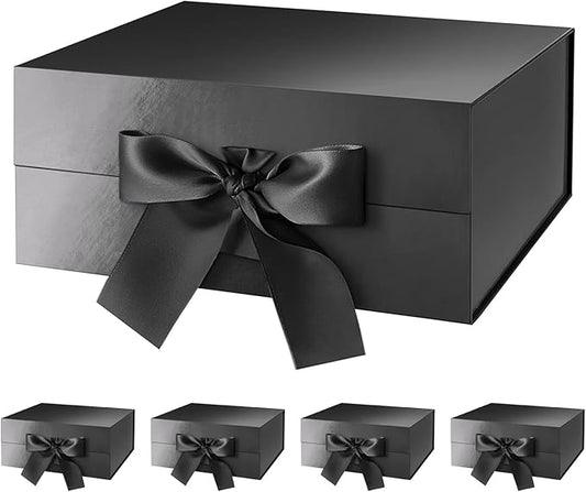 HAPPY POTATO 5 Gift Boxes with Ribbon 9x6.5x3.8 Inches, Black Gift Boxes with Lids, Collapsible Gift Boxes, Magnetic Closure Gift Boxes for all occasion (Glossy Black, Pack of 5)