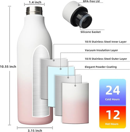 BJPKPK Insulated Water Bottles, 25 oz Stainless Steel Metal Water Bottle with Strap, BPA Free Leak Proof Thermos, Mugs, Flasks, Reusable Water Bottle for Sports & Travel, Graceful Pink
