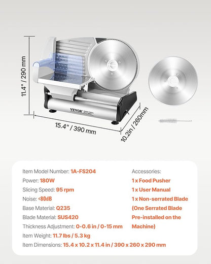 VEVOR Meat Slicer, 8.7 inch Electric Deli Food Slicer with Two Premium SUS420 Blades, 0-0.6 inch Adjustable Thickness, 180W Food Slicer Machine for Meat, Hard Bread and Cheese, Home Use