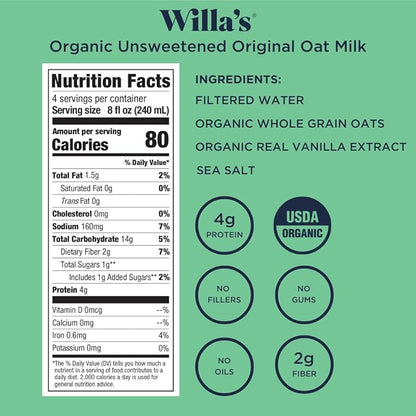 Willa's Organic Oat Milk - Unsweetened Original Oatmilk, Non-GMO, Shelf Stable, Low Sugar, Non-Dairy Vegan Milk, Made from Whole Oats, No Oil, No Gums, 32oz, Pack of 6