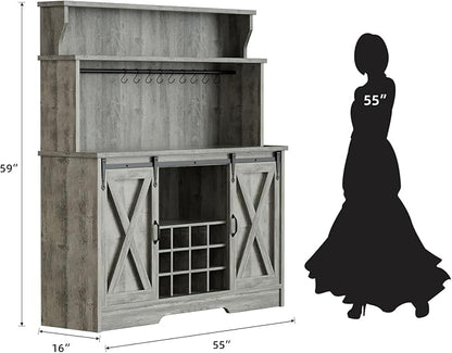 55'' Farmhouse Coffee Bar Cabinet with 3 Tier Storage Hutch, Coffee Bar Station with Sliding Barn Door, Hutch Storage Cabinet with 12 Wine Racks & 9 Hooks for Kitchen Dining Living Room