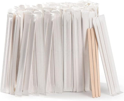500pcs Individually Wrapped Coffee Stirrers Wood - 7" Coffee Stir Sticks, Round End Disposable coffee stirrer, For Coffee, Cocktail and Hot Drinks