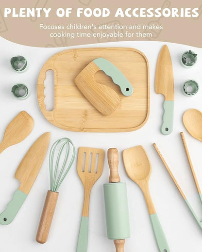 Wooden Kids Cooking Set Montessori Kit - Real Toddler Kitchen Tools & Baking Utensils - 15PCS Cooking Kit for Kids with Storage Bag, Great Gift for Pretend Play & Montessori Learning (Green)