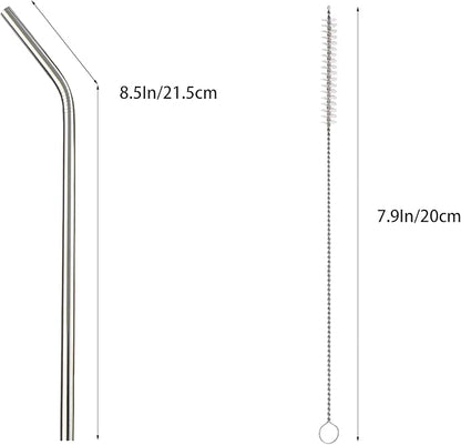 10 Pcs Stainless Steel Straws, Reusable Drinking Straws, Bent Metal Straw Sets with 2 Pcs Cleaning Brushes (Silver, 8.5 Inch)
