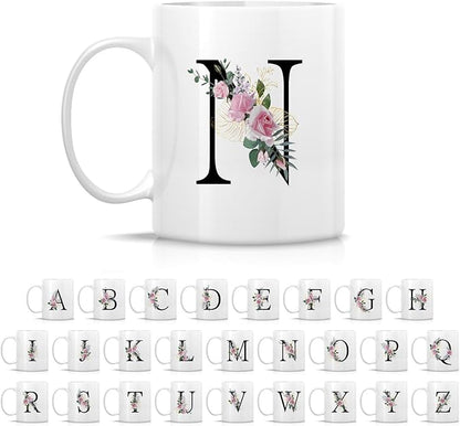 Retreez Initial A-Z Floral Botanical Bouquet Alphabet Monogrammed Monogram Mug 11 Oz Ceramic Tea Coffee Mugs - Appreciation Thank You Wedding Birthday Gifts for her friend coworker sister - N Initial