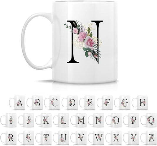 Retreez Initial A-Z Floral Botanical Bouquet Alphabet Monogrammed Monogram Mug 11 Oz Ceramic Tea Coffee Mugs - Appreciation Thank You Wedding Birthday Gifts for her friend coworker sister - N Initial