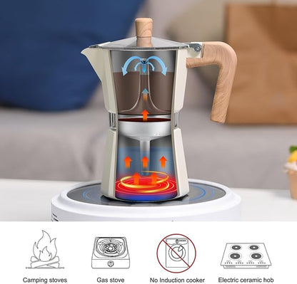 Sivaphe Aluminum Moka Pot 6 Espresso Cups, Percolator Espresso and Coffee Maker, Portable Stovetop Italian and Cuban Café Brewer for Home and Camping White