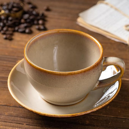 Porcelain Coffee Cup with Saucer Spoon, Vintage Design Ceramic Latte Art Cappuccino Barista Espresso Tea Cup with Saucer (11.6 oz, 350ml, Honey Pomelo Yellow)