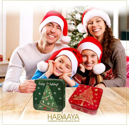 Metal Square Festive Christmas Cookie Tin with Embossed Lid for Gift Giving & Holiday Treats Multipurpose Container for Candy Snacks Holiday Christmas Party Decor Favor Gift Box GREEN GOLD XMAS TREE