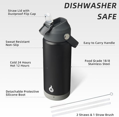 BJPKPK Insulated Water Bottle with Straw Lid, 18oz Thermos Water Bottles with Soft Nozzle, Flex Handle & Non-slip Boot, BPA Free Leak Proof Stainless Steel Metal Thermos, Tumblers, Cups,Black