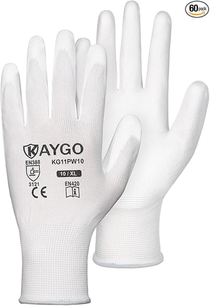 KAYGO Safety Work Gloves PU Coated-60 Pairs,KG11P Seamless Knit Glove with Polyurethane Coated Smooth Grip on Palm&Fingers, for Men and Women, Ideal for General Duty Work (X-Large, White)