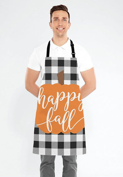 Happy Fall Pumpkin Thanksgiving Pillow case Buffalo Plaid Adjustable Bib Apron Kitchen Cooking Baking Gardening Apron for Women Men