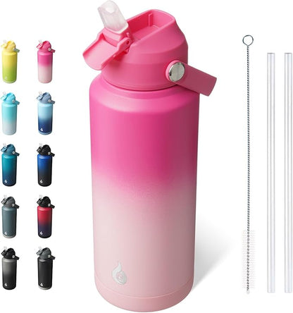 BJPKPK Water Bottle with Straw Lid, 32oz Vacuum Insulated Water Bottles, Metal Stainless Steel Thermos for Sports, Travel, BPA Free Leak Proof Thermos, Cups, Flasks, Tumblers,Cherry