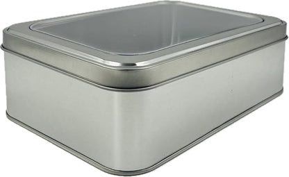 Silver Rectangular Tin Container With Clear Lid, Single Piece Multipurpose Tin, Festive Tin Box for Gift Giving, Cookies, Stationery & More - 7.25 x 5.25 x 2.25 Inches