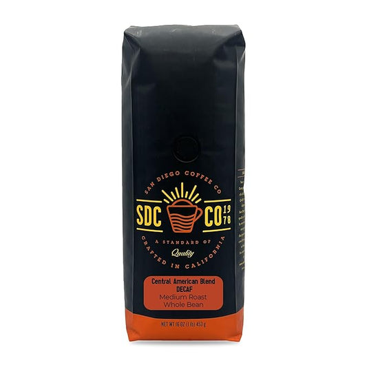 San Diego Coffee DECAF Central American Blend, Medium Roast, Whole Bean Coffee, 16-Ounce Bag Café en grano tostado descafeinado