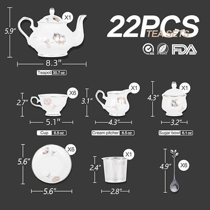 CHENP.HMC Porcelain Ceramic 22-Piece Tea Set, Teapot and Cup Set, 30.7 Ounces, for 6, Gift Sets, Tea or Coffee Lovers, Wedding, Birthday