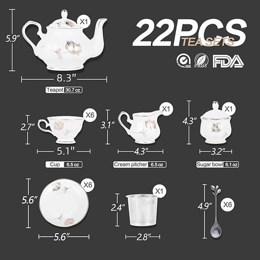 CHENP.HMC Porcelain Ceramic 22-Piece Tea Set, Teapot and Cup Set, 30.7 Ounces, for 6, Gift Sets, Tea or Coffee Lovers, Wedding, Birthday
