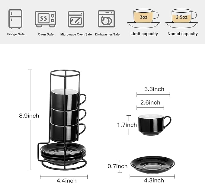 YOLIFE 2.5oz Porcelain Stackable Espresso Cups with Saucers and Metal Stand Set of 4, Stackable Cappuccino Cups, Black Expresso Shots Cup Set for Coffee Drinks, Latte, Tea