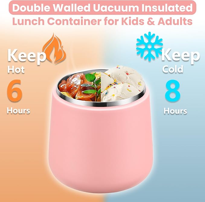 20oz Insulated Vacuum Food Jar with Buckle Lid,Soup Thermo for Hot Food Kids,Wide Mouth Leakproof Stainless Steel Lunch Container with Spoon-Pink