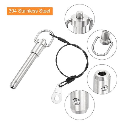 uxcell 2 Pcs Quick Release Pin, 3/8" x 1.77"(Dia. x L) Push-Button Ball Locking Pin 304 Stainless Steel Ring Handle Locking Pin with Wire for Audio Bimini Top Marine, Silver