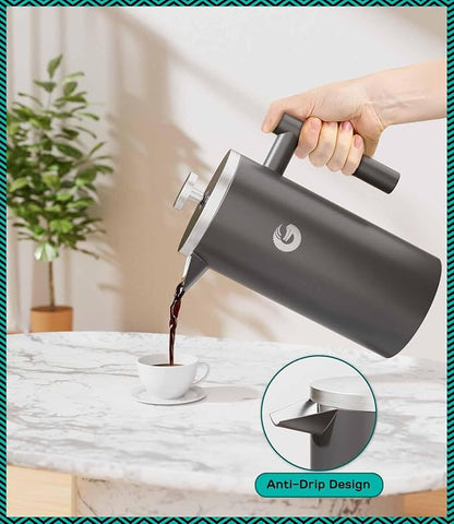 Coffee Gator French Press Coffee Maker - 34oz Double Insulated Stainless Steel Brewer plus Travel Jar Canister, Portable Hot Cold Brew Teapot Cafetera for Coffee Bar Accessories Kitchen Camping, Gray
